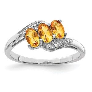 925 Sterling Silver 3 Stone Citrine (November Birthstone) & Diamond Ring Size 6